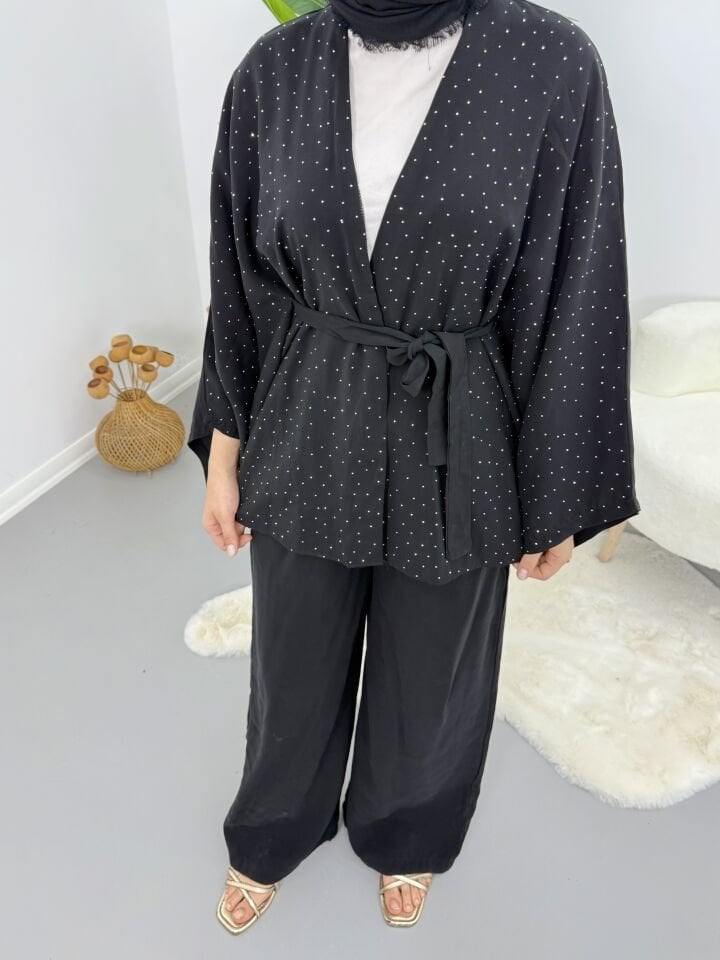 Taşlı Yarasa Kol Takım Siyah S