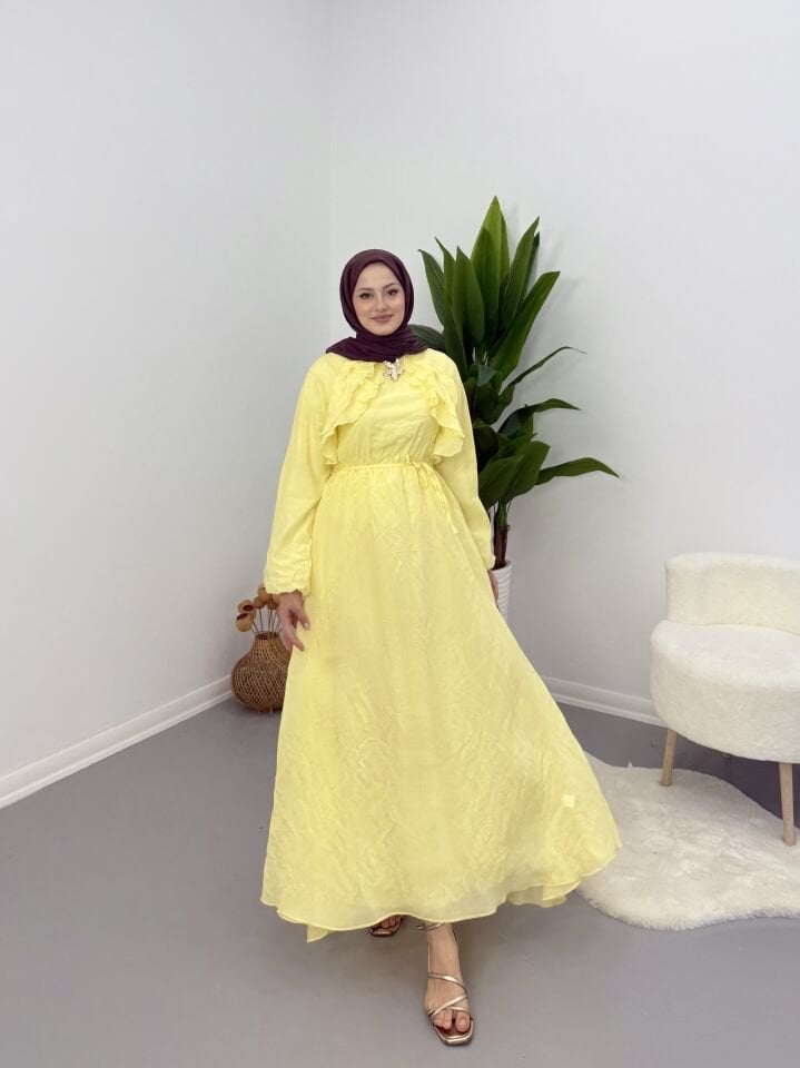 Broş Detaylı Elbise Sarı XL