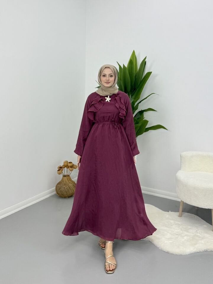 Broş Detaylı Elbise Bordo XL