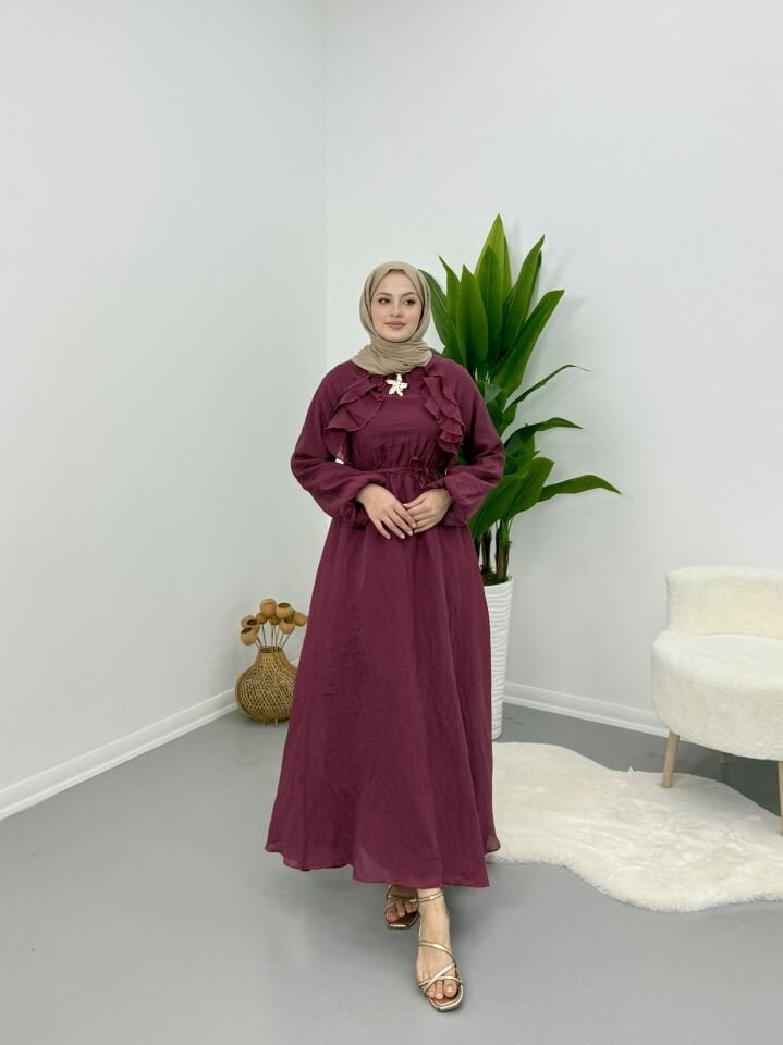 Broş Detaylı Elbise Bordo S