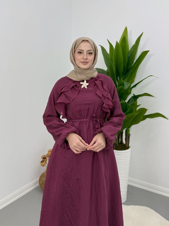 Broş Detaylı Elbise Bordo S