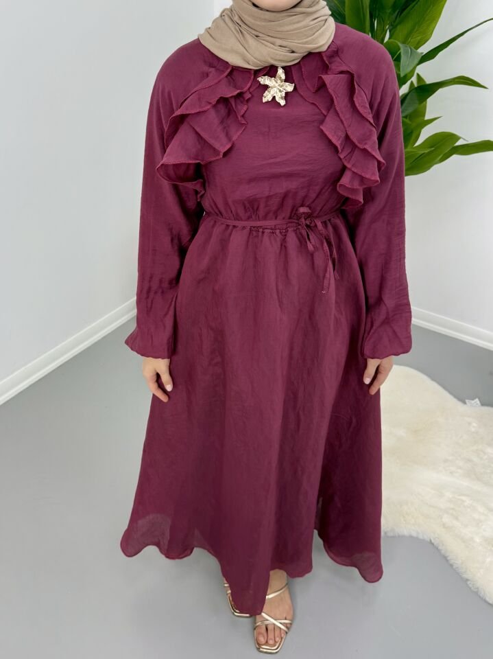 Broş Detaylı Elbise Bordo XL