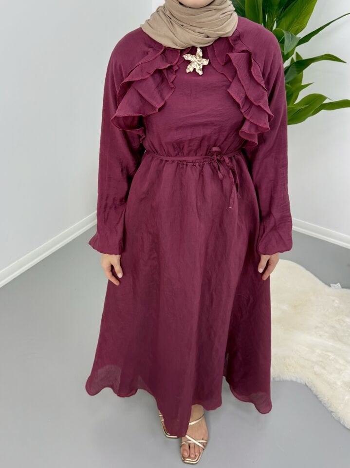 Broş Detaylı Elbise Bordo S