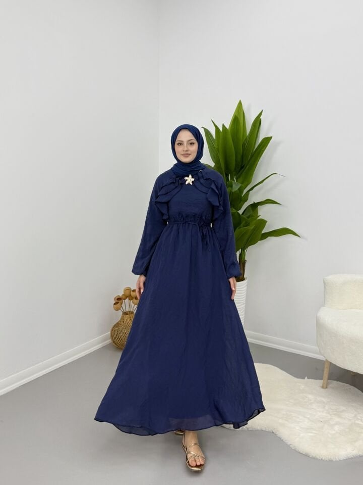 Broş Detaylı Elbise Lacivert XL