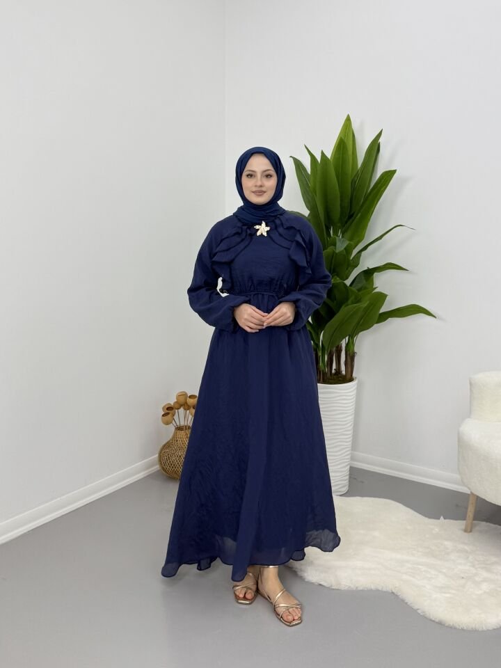 Broş Detaylı Elbise Lacivert XL