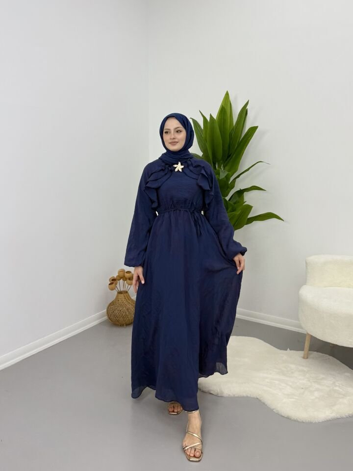 Broş Detaylı Elbise Lacivert XL