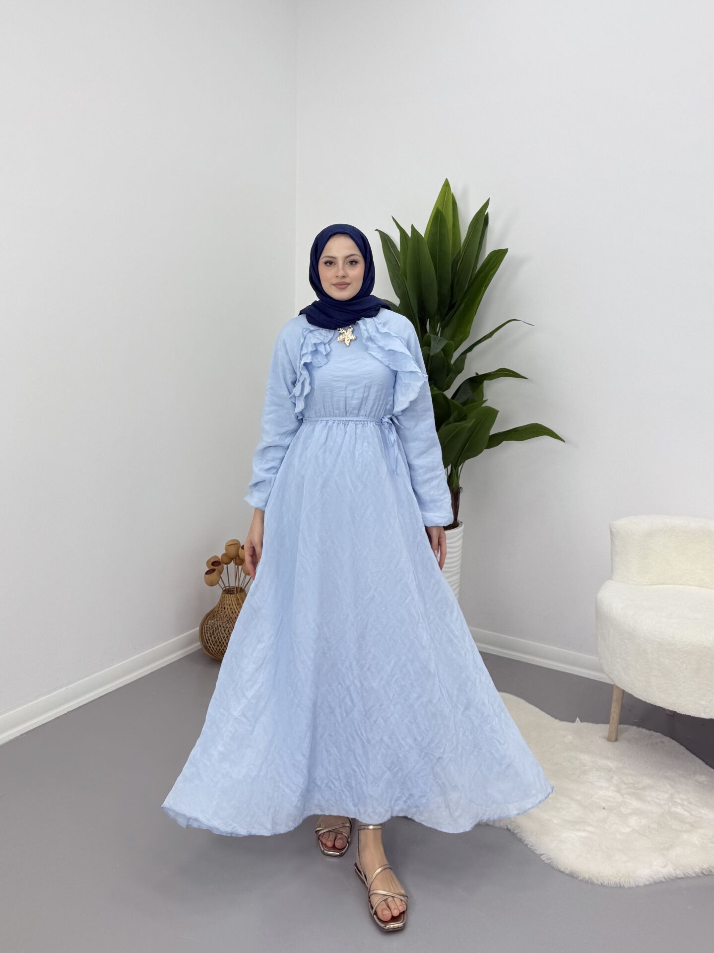 Broş Detaylı Elbise Mavi XL