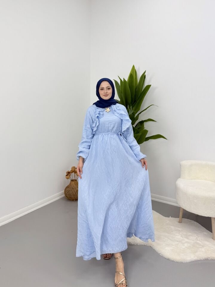 Broş Detaylı Elbise Mavi S