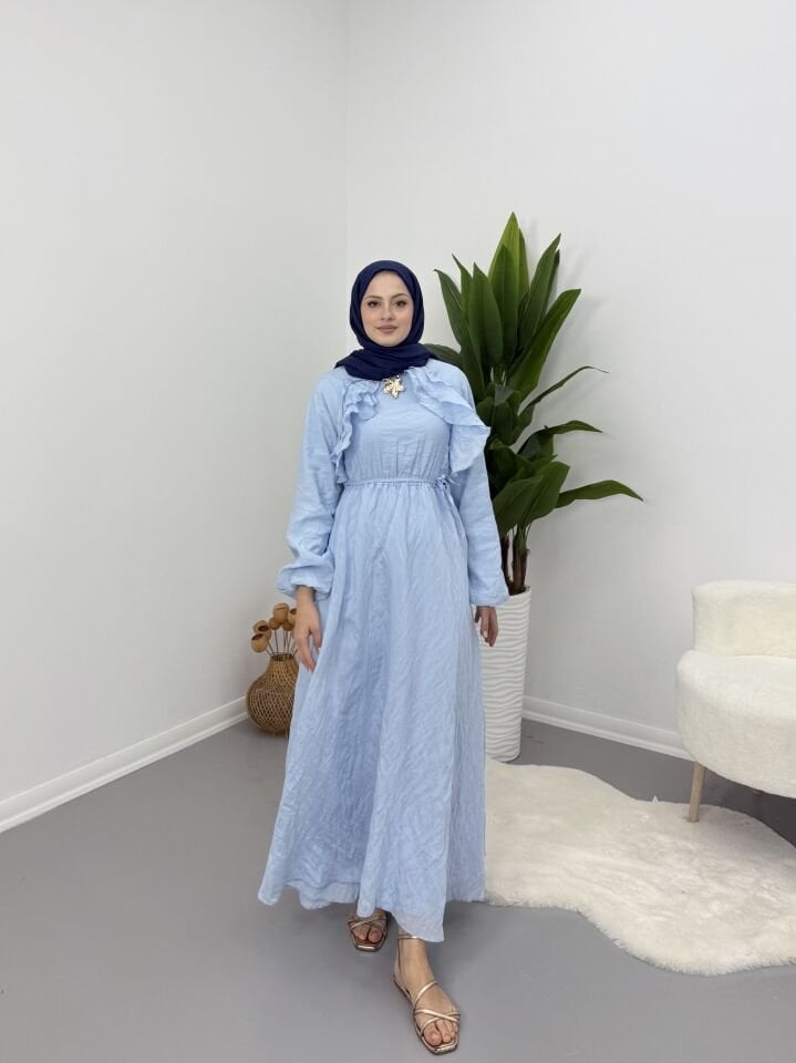 Broş Detaylı Elbise Mavi XL