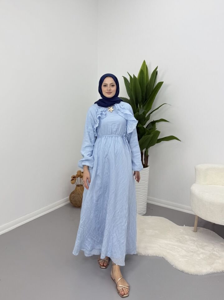 Broş Detaylı Elbise Mavi S