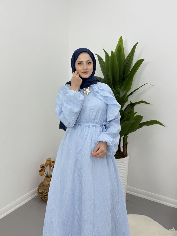 Broş Detaylı Elbise Mavi S