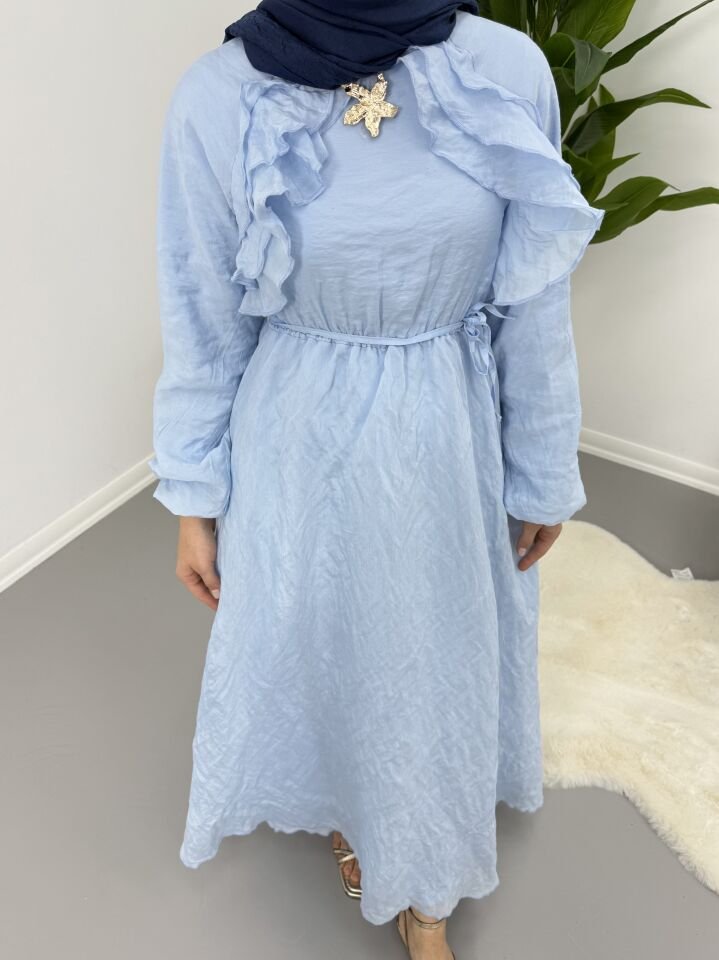 Broş Detaylı Elbise Mavi S