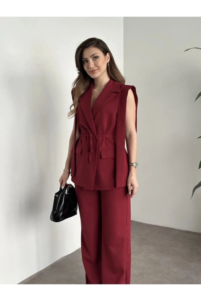 İp Bağlamalı Yelekli Takım Bordo L