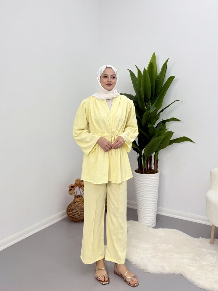 Taşlı Belden Bağlamalı Takım Sarı S