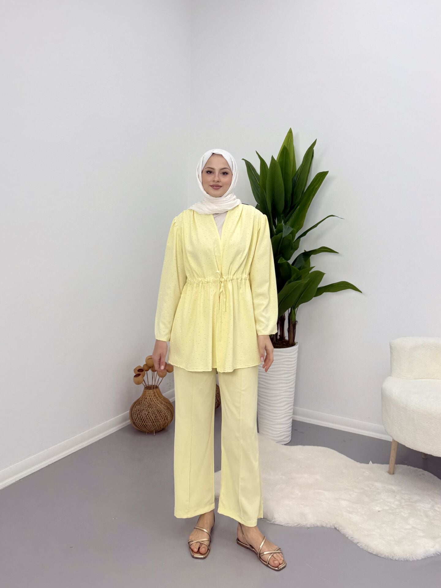 Taşlı Belden Bağlamalı Takım Sarı S