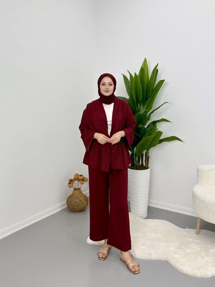 Taşlı Belden Bağlamalı Takım Bordo S