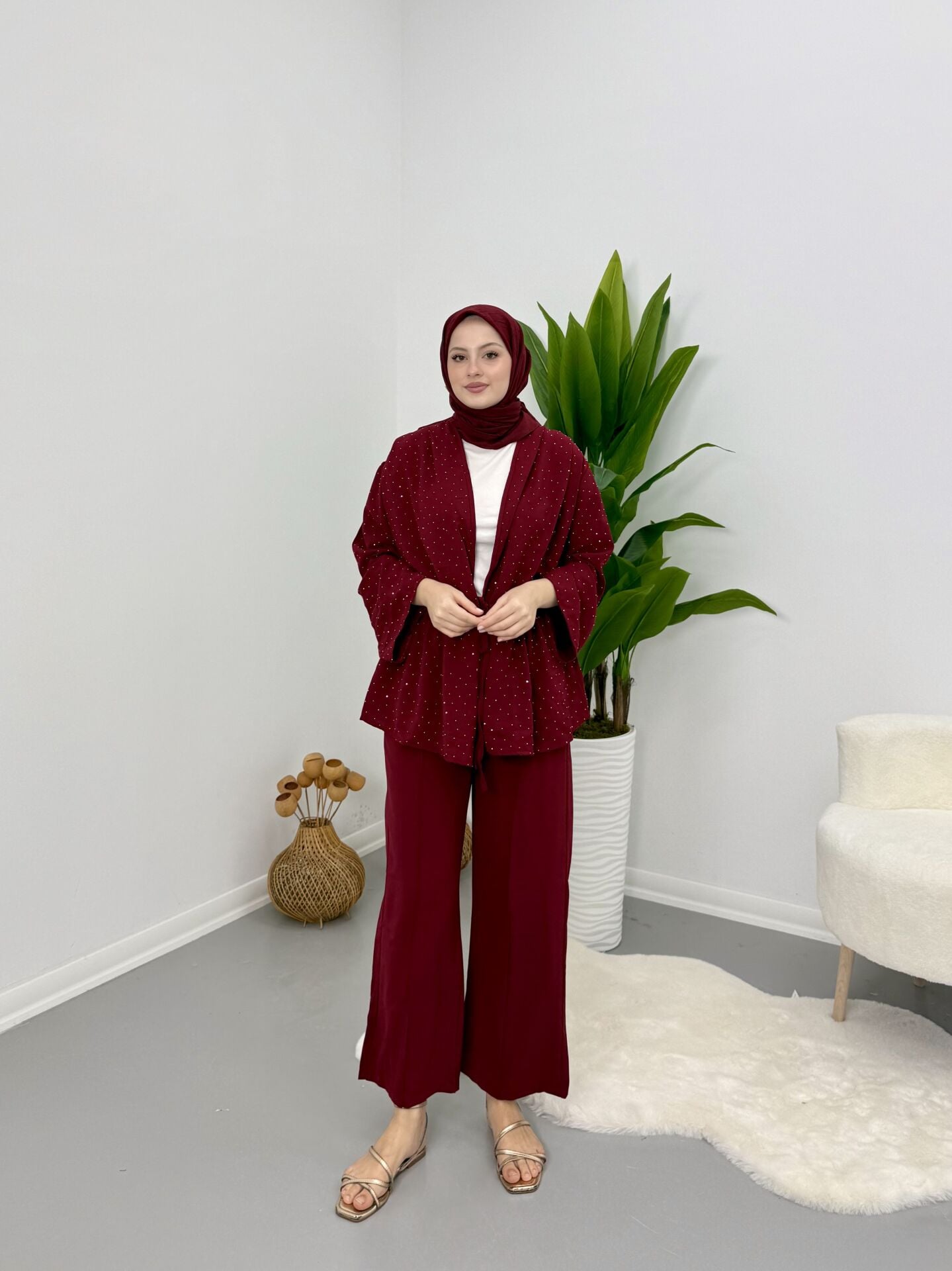 Taşlı Belden Bağlamalı Takım Bordo S