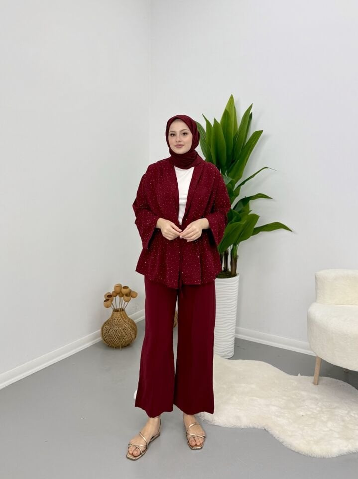 Taşlı Belden Bağlamalı Takım Bordo S