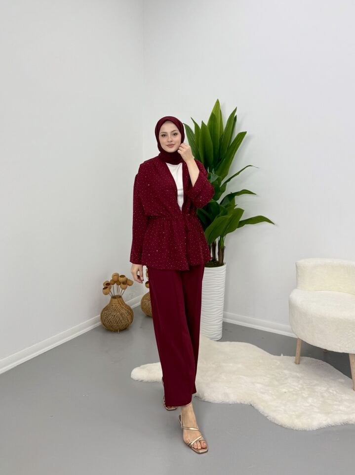 Taşlı Belden Bağlamalı Takım Bordo S