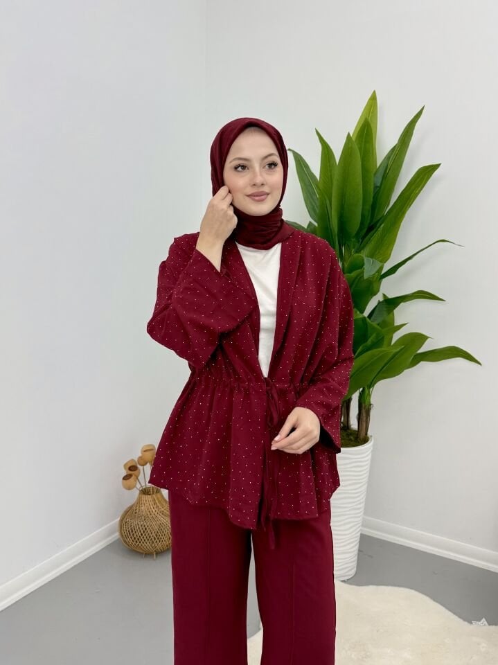 Taşlı Belden Bağlamalı Takım Bordo S