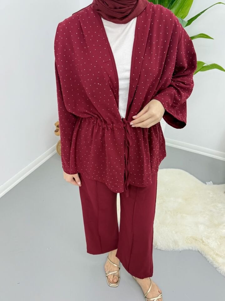 Taşlı Belden Bağlamalı Takım Bordo XL