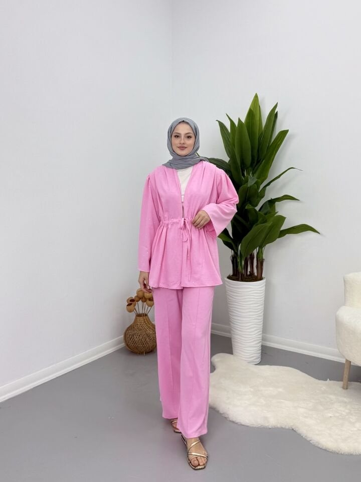 Taşlı Belden Bağlamalı Takım Pembe XL