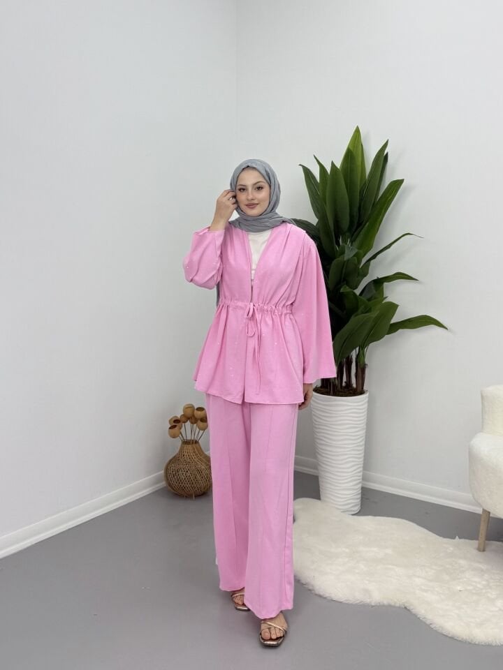 Taşlı Belden Bağlamalı Takım Pembe XL