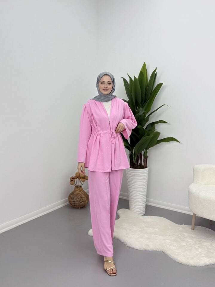 Taşlı Belden Bağlamalı Takım Pembe XL
