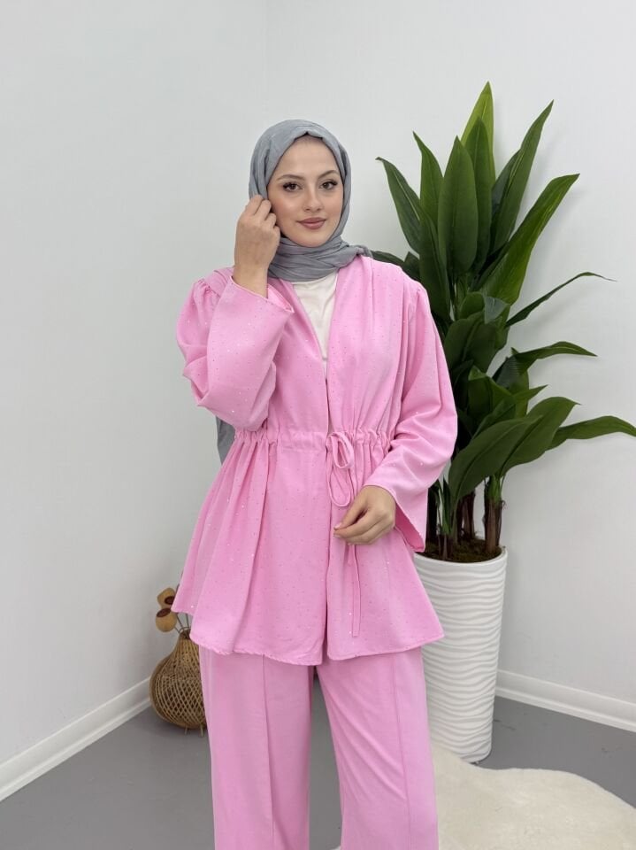 Taşlı Belden Bağlamalı Takım Pembe XL