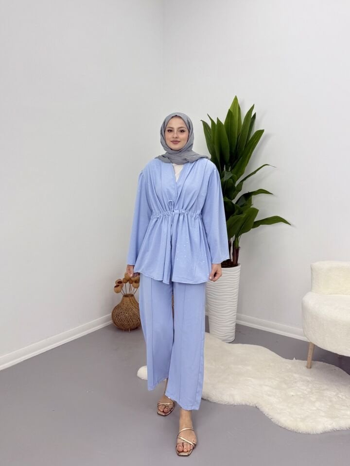 Taşlı Belden Bağlamalı Takım Mavi M