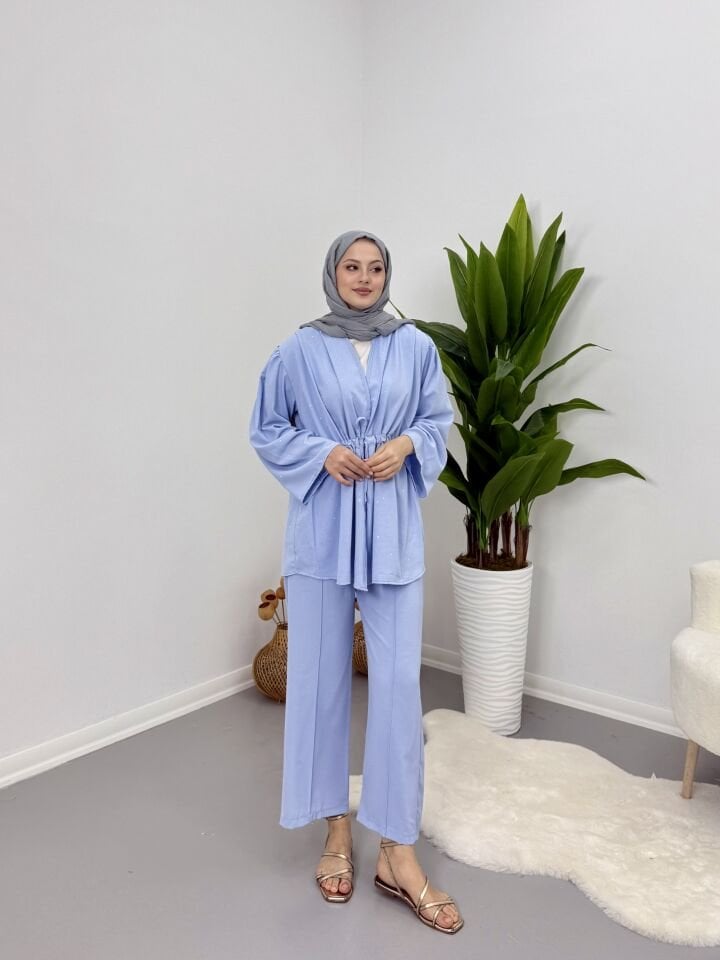 Taşlı Belden Bağlamalı Takım Mavi M