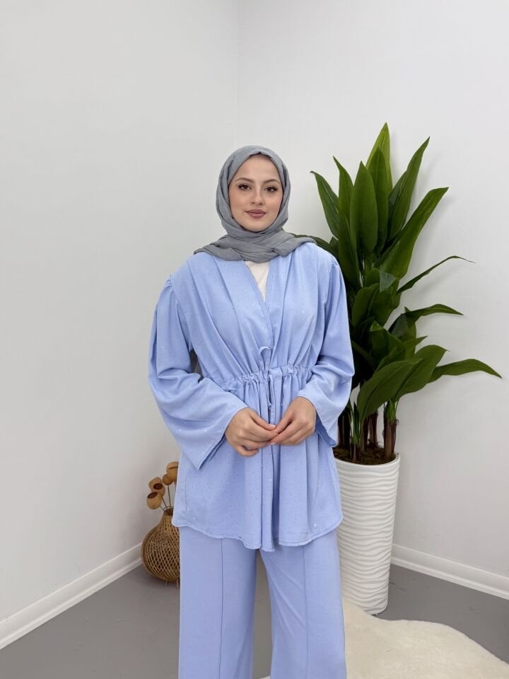Taşlı Belden Bağlamalı Takım Mavi XL