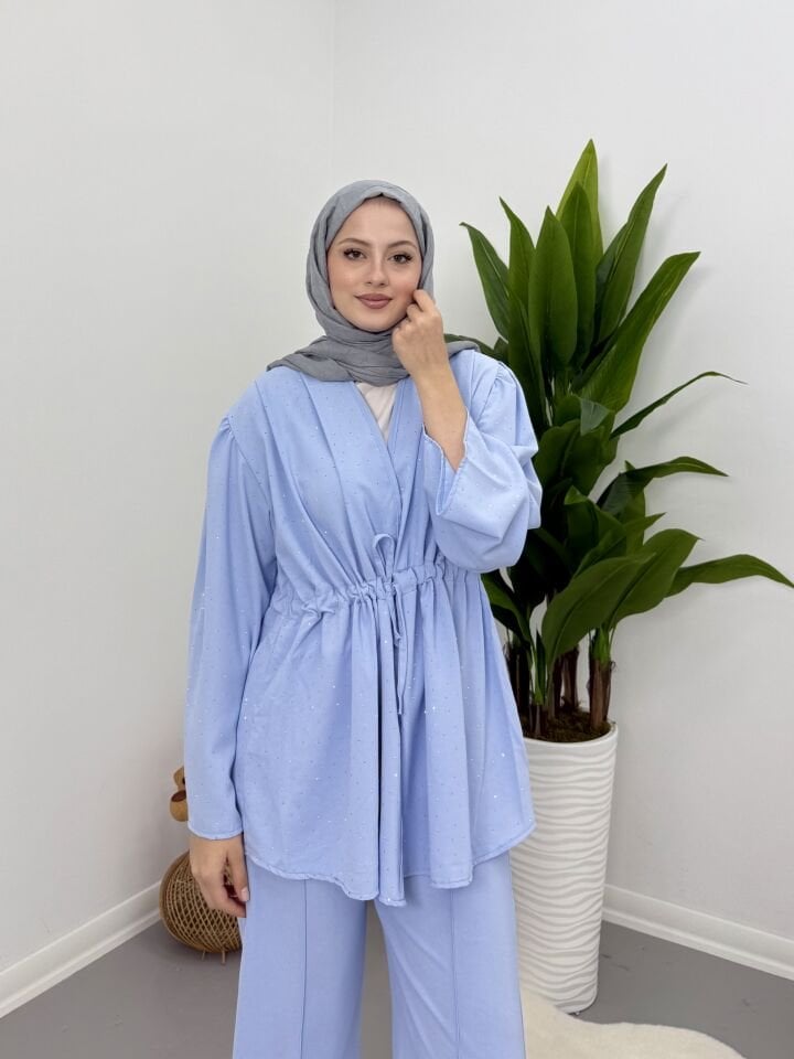 Taşlı Belden Bağlamalı Takım Mavi M