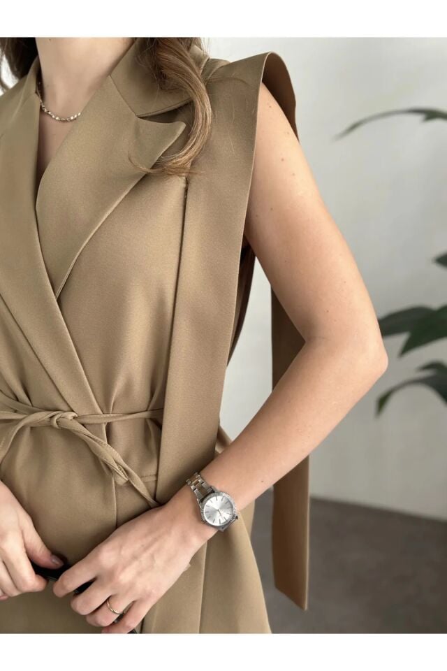 İp Bağlamalı Yelekli Takım Bej XL