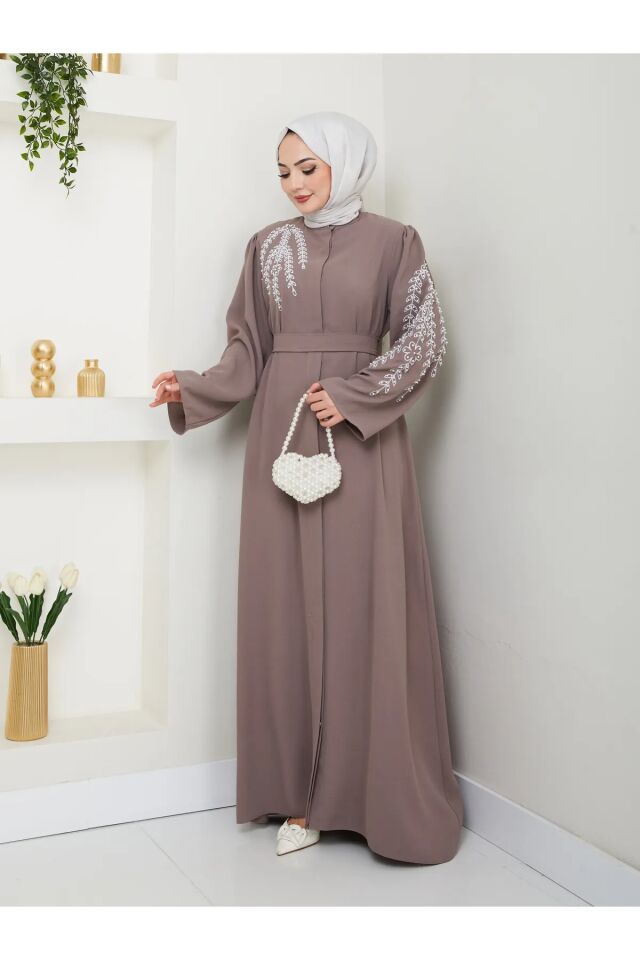 Yaprak Nakışlı Abaya Ferace Elbise Gri 4XL