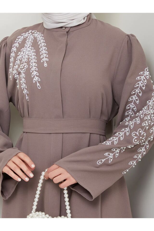 Yaprak Nakışlı Abaya Ferace Elbise Gri 4XL