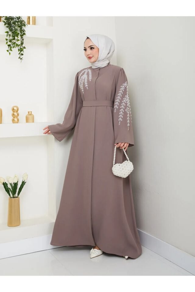 Yaprak Nakışlı Abaya Ferace Elbise Gri 4XL