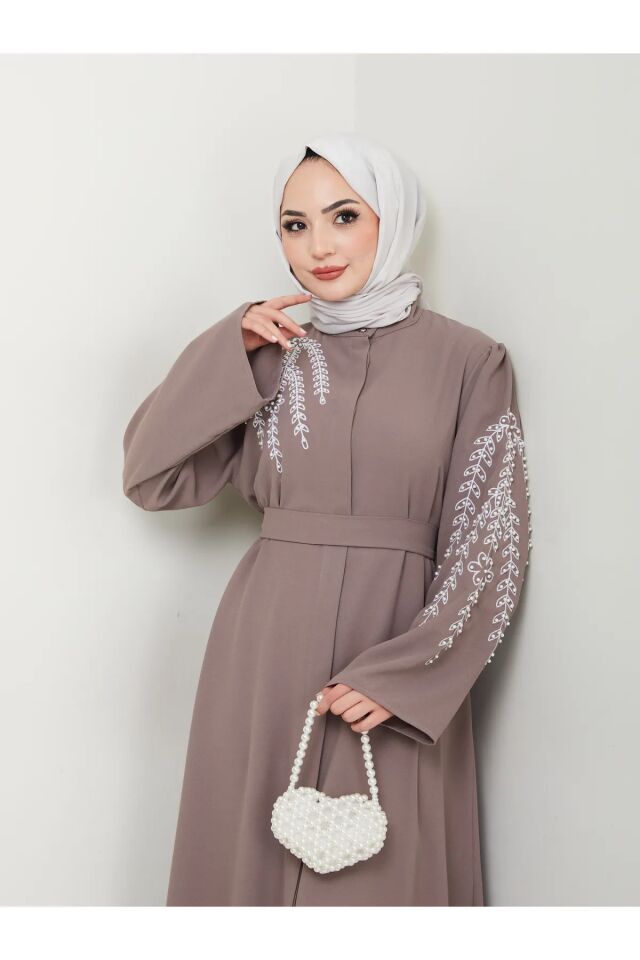 Yaprak Nakışlı Abaya Ferace Elbise Gri 4XL