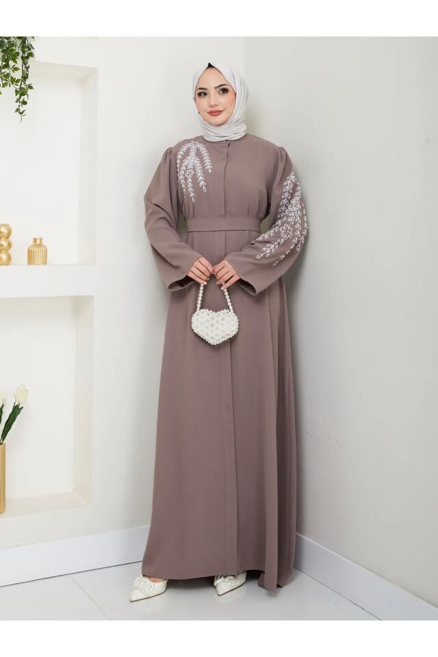 Yaprak Nakışlı Abaya Ferace Elbise Gri 4XL