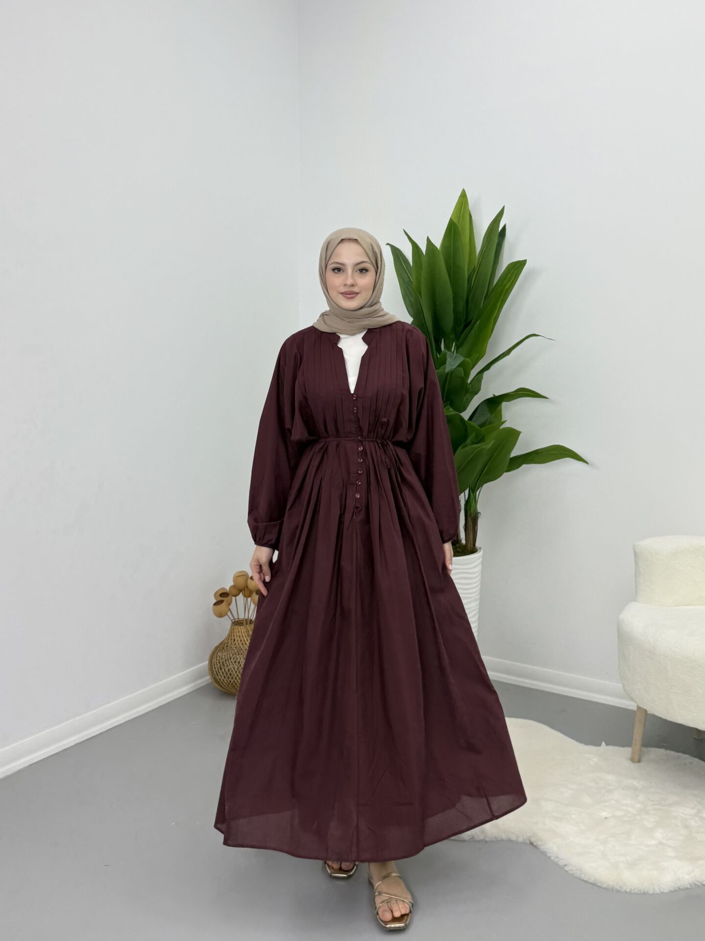 Modal Kumaş Düğmeli Astarlı Elbise Bordo XL