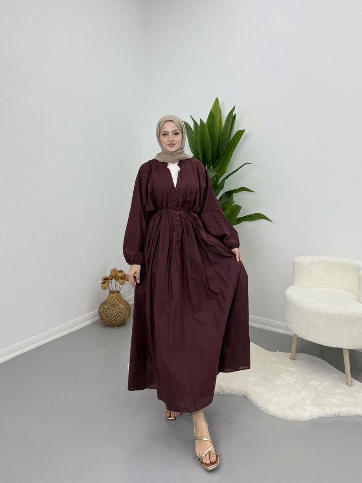 Modal Kumaş Düğmeli Astarlı Elbise Bordo S