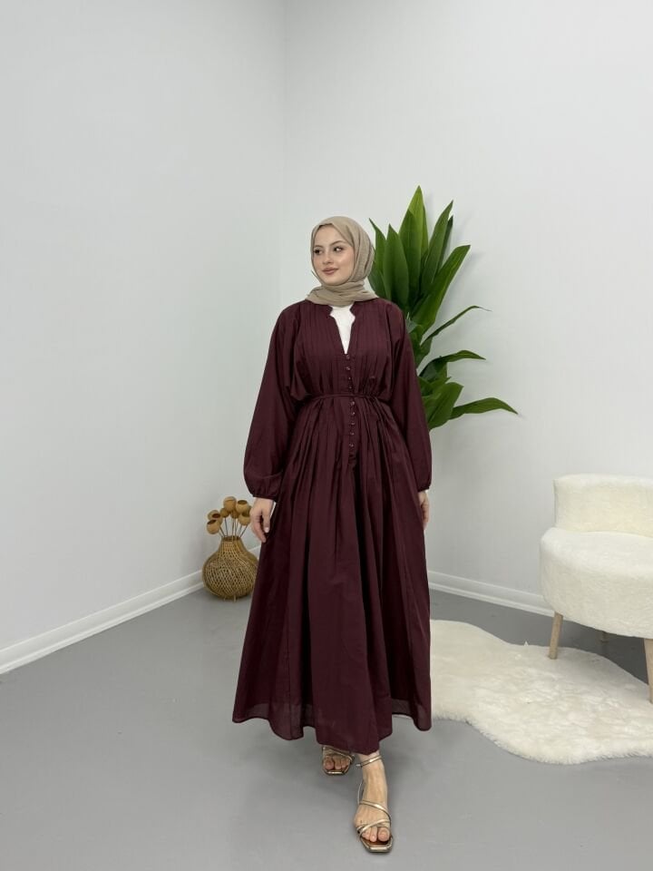 Modal Kumaş Düğmeli Astarlı Elbise Bordo S