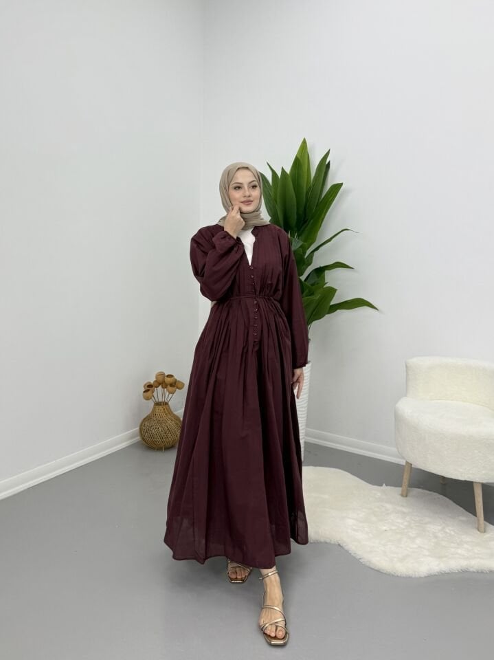 Modal Kumaş Düğmeli Astarlı Elbise Bordo S