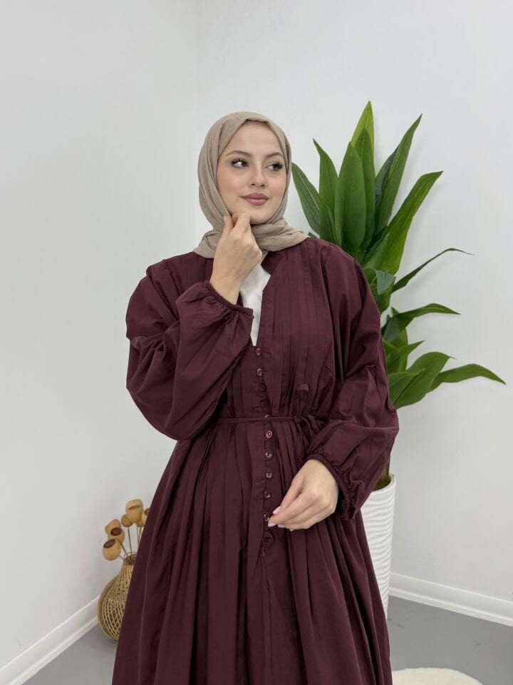 Modal Kumaş Düğmeli Astarlı Elbise Bordo XL