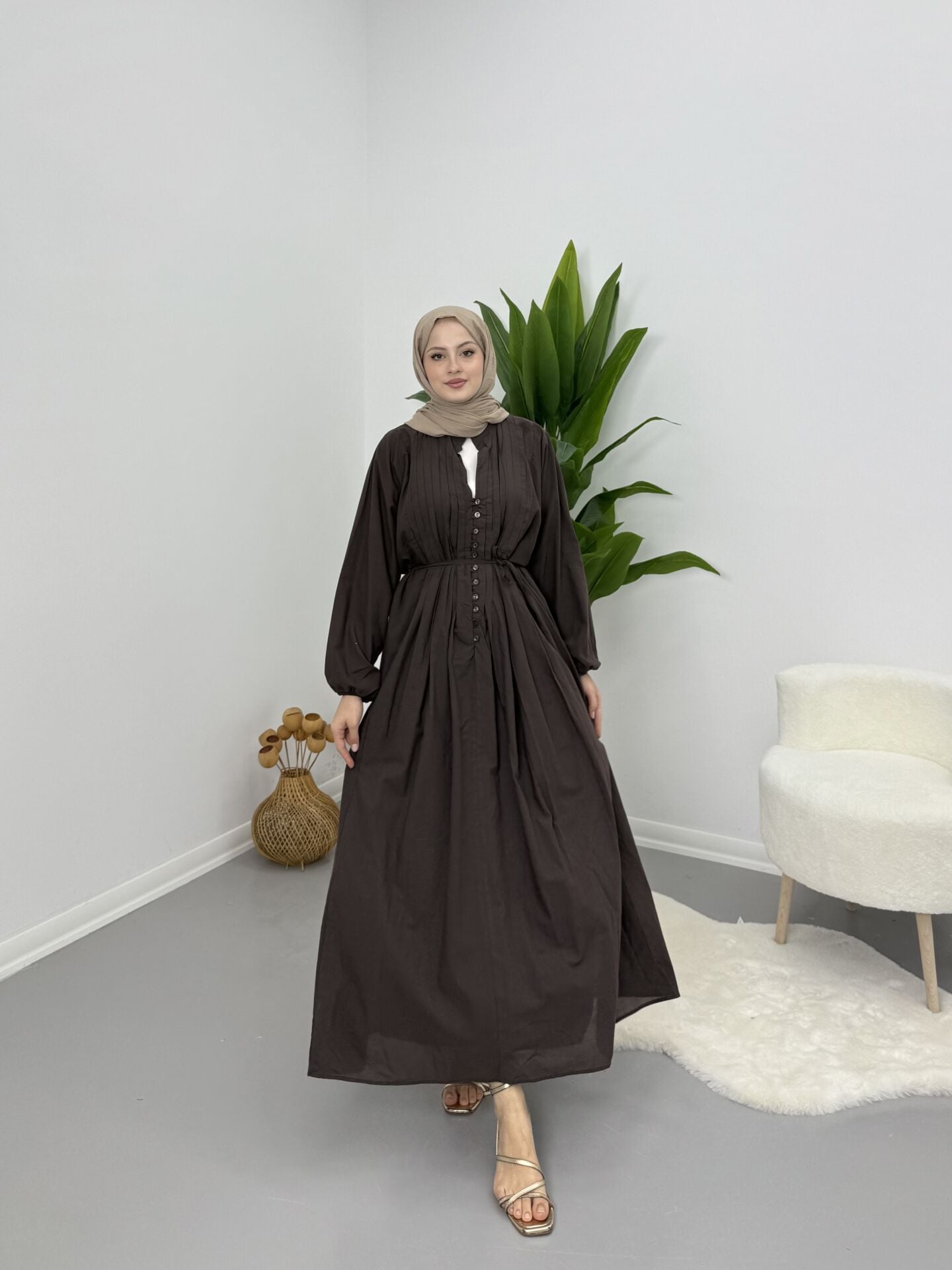 Modal Kumaş Düğmeli Astarlı Elbise Kahve S