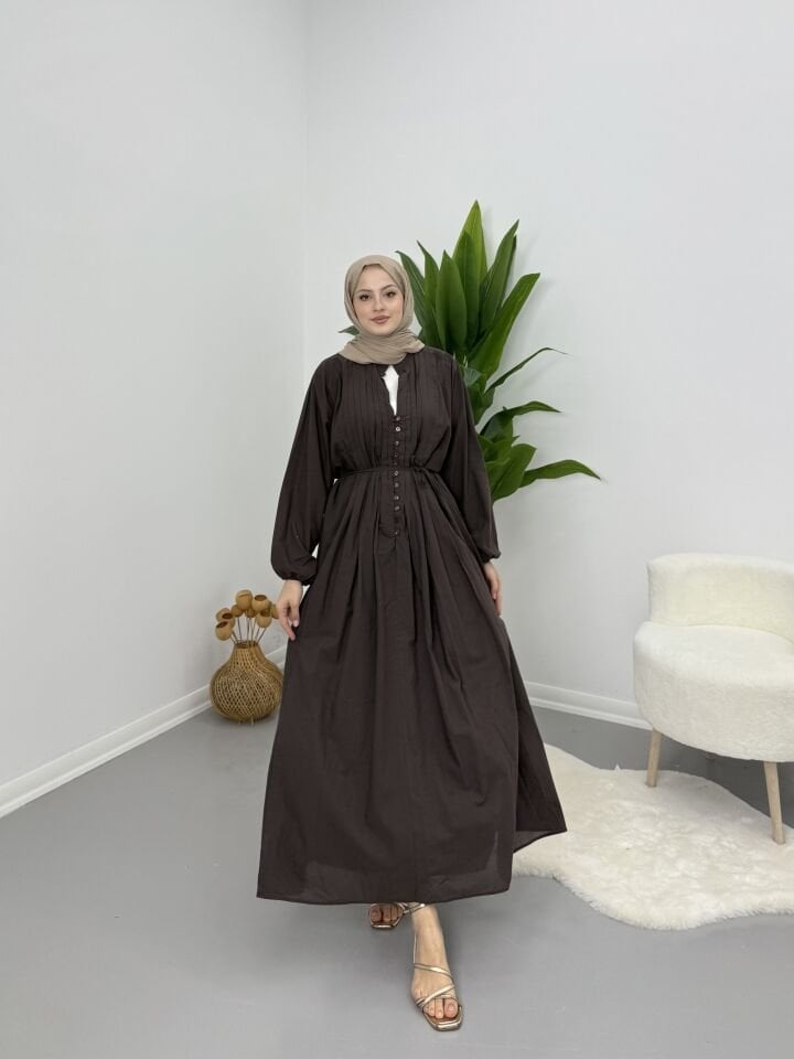 Modal Kumaş Düğmeli Astarlı Elbise Kahve XL