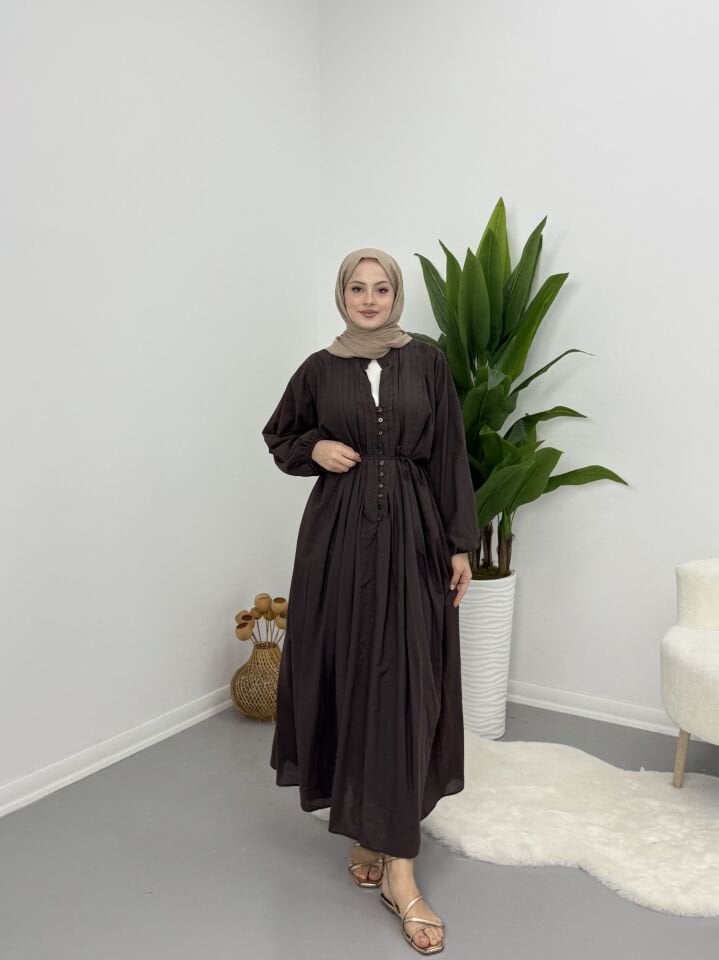 Modal Kumaş Düğmeli Astarlı Elbise Kahve XL