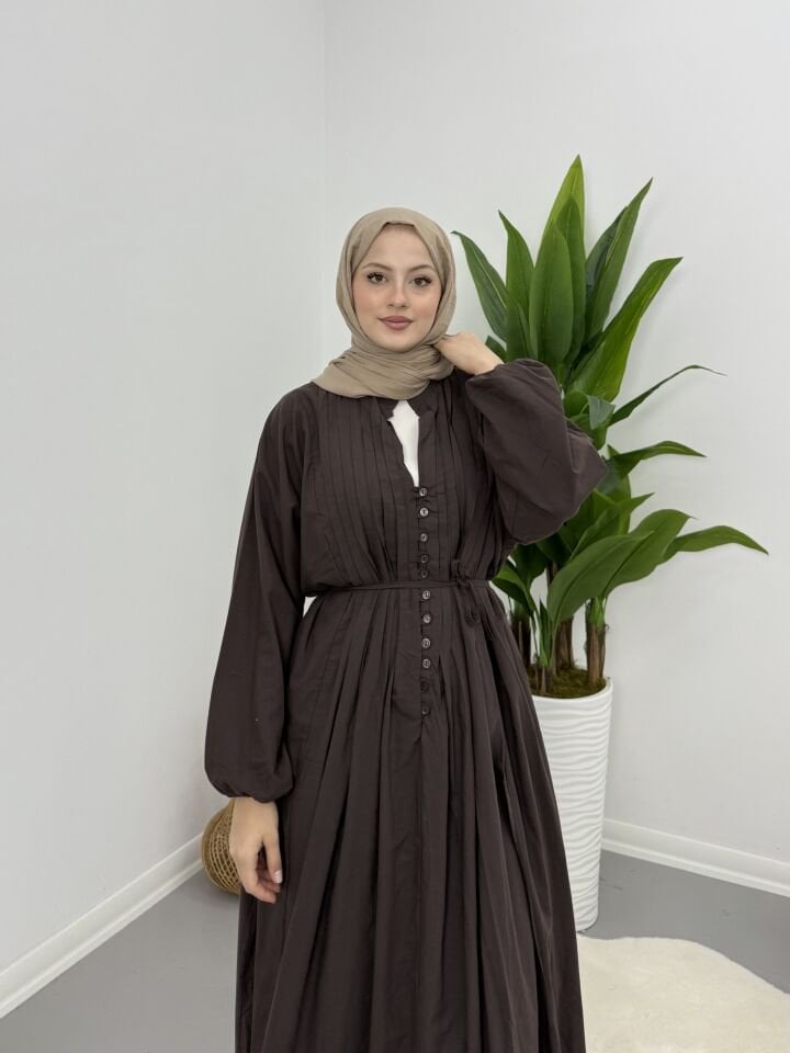 Modal Kumaş Düğmeli Astarlı Elbise Kahve XL