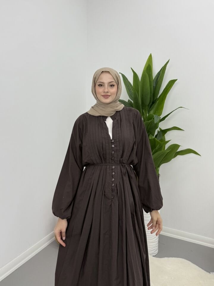 Modal Kumaş Düğmeli Astarlı Elbise Kahve XL