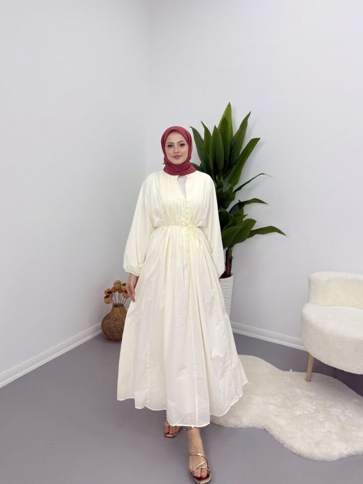 Modal Kumaş Düğmeli Astarlı Elbise Kırık Beyaz L